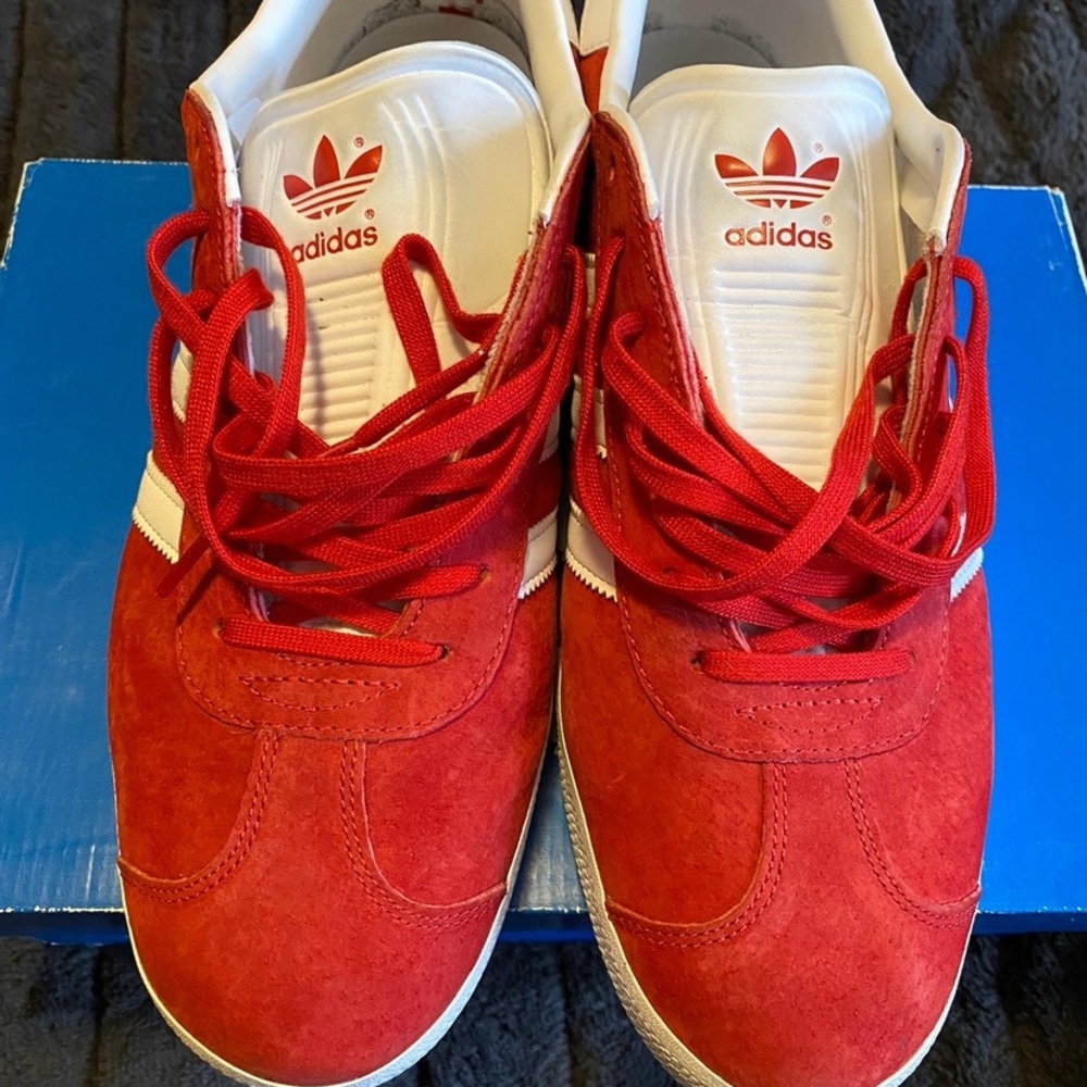 11 1/2 Red and white Adidas Gazelle